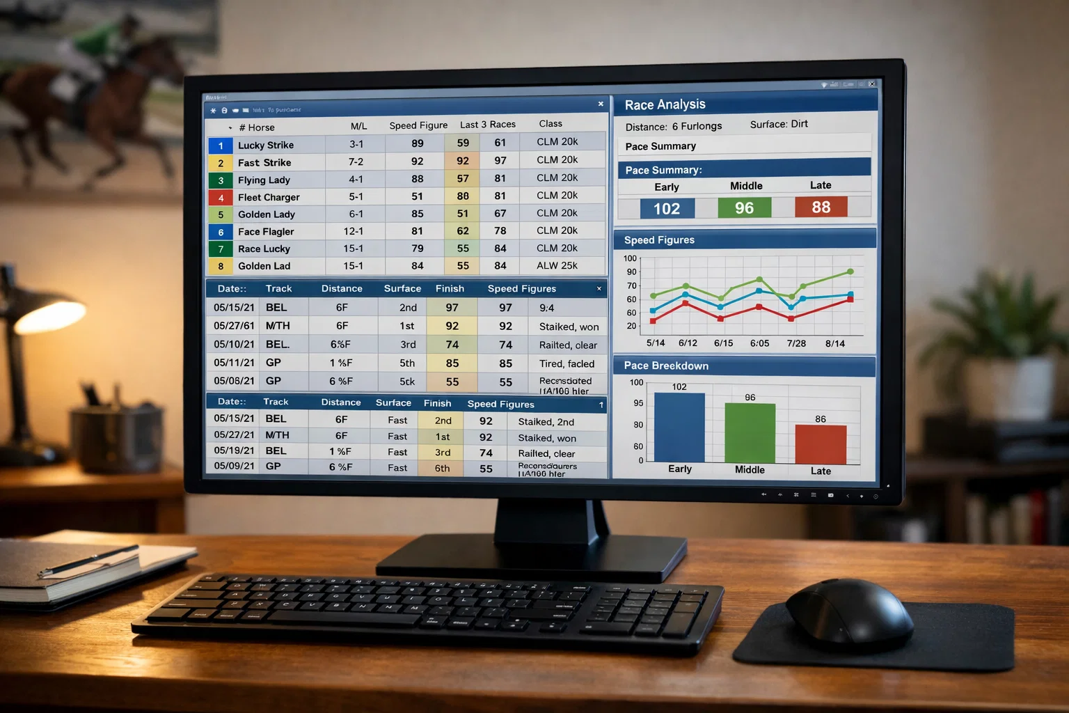 Computer screen showing horse racing statistics and data analysis software