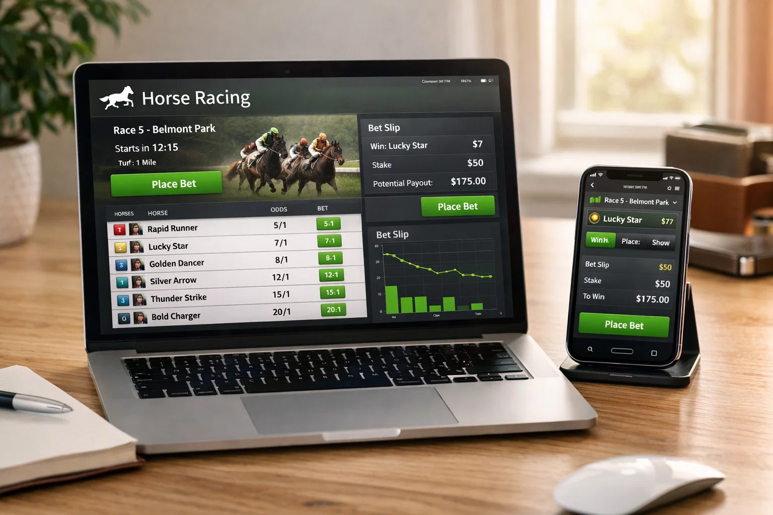 Laptop and smartphone displaying horse racing betting interfaces