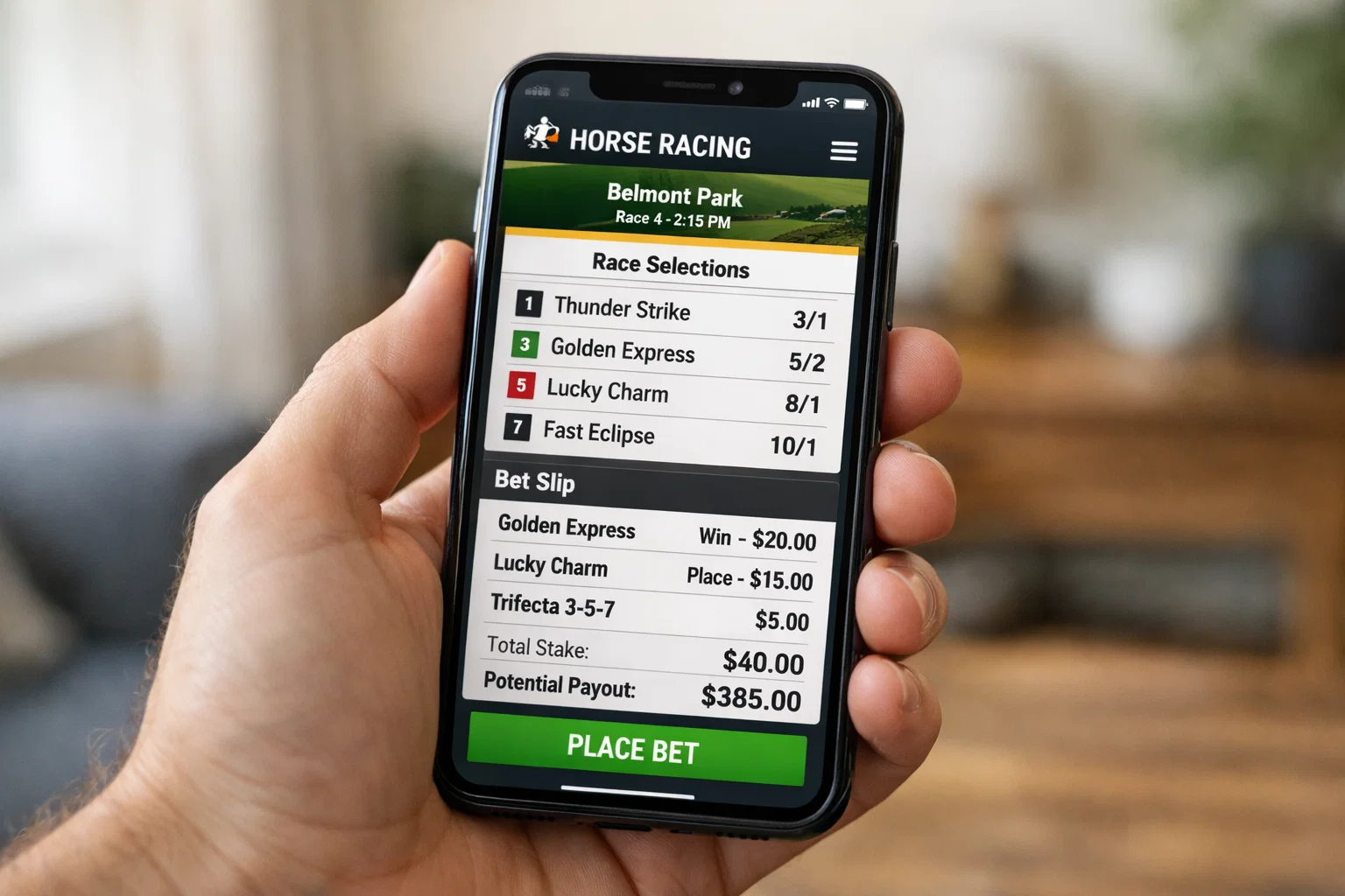 Hand holding smartphone with horse racing betting app open showing race selections