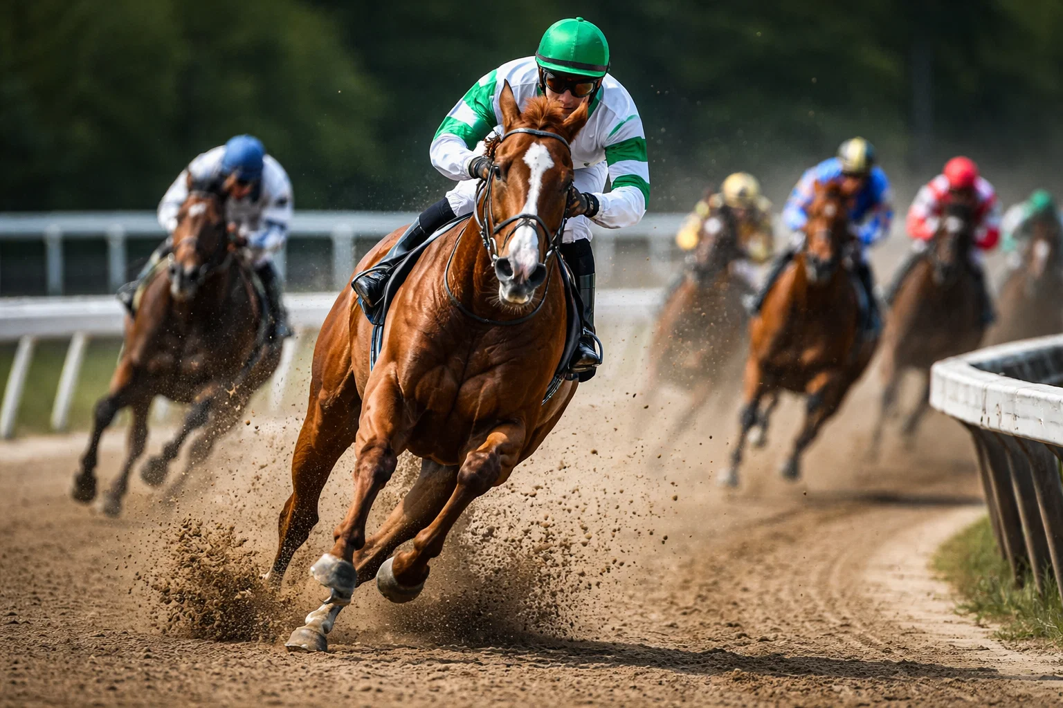 Front-running horse leading a pack of horses around the turn at a dirt track