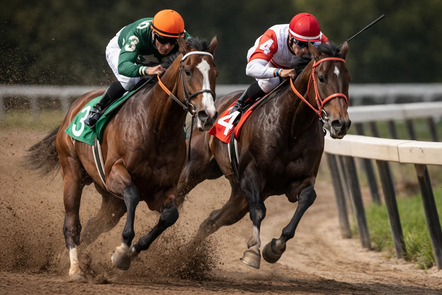 Two horses battling for the early lead during the first turn of a race