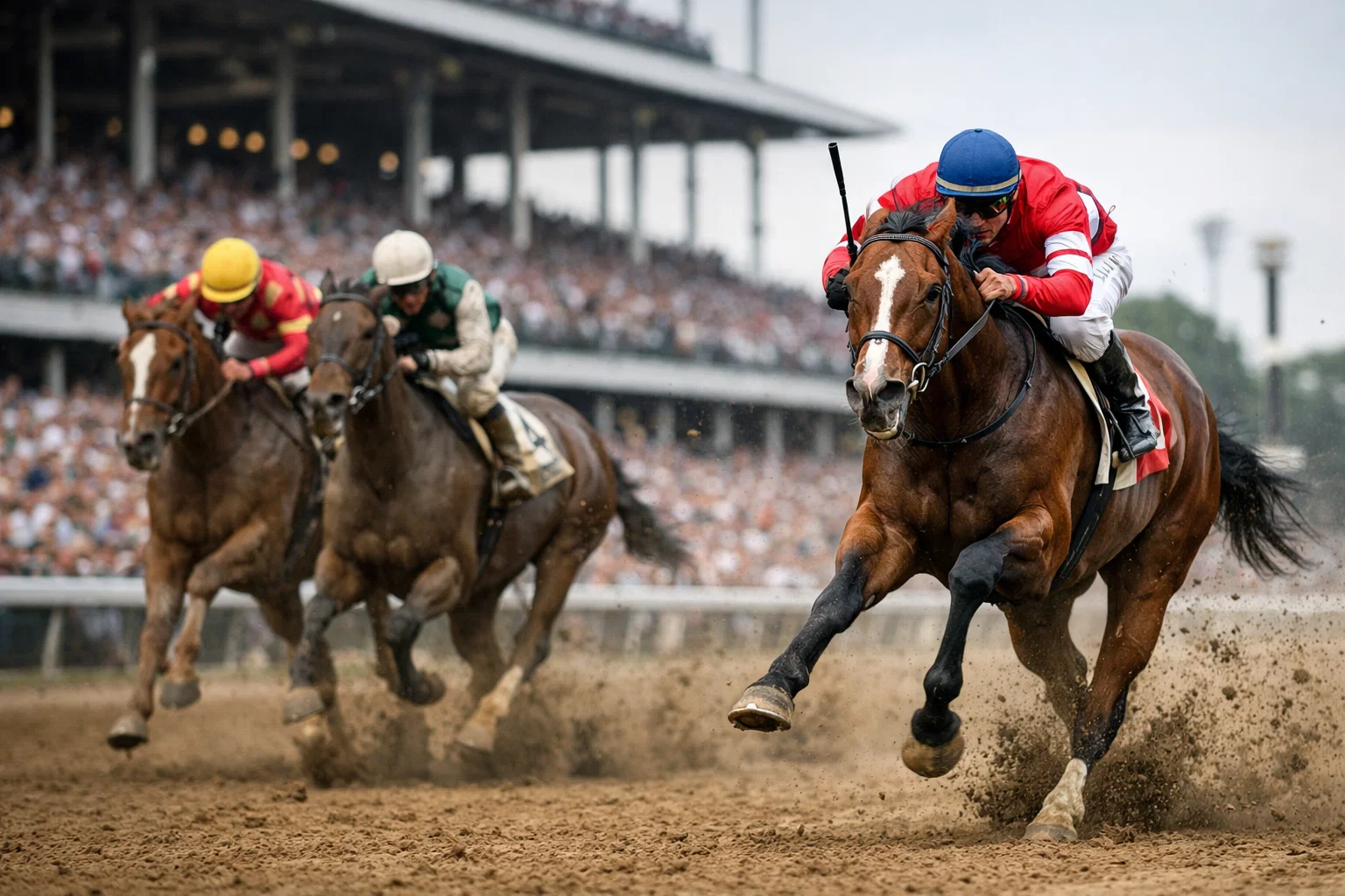 Closing horse making a dramatic late rally down the stretch to catch leaders