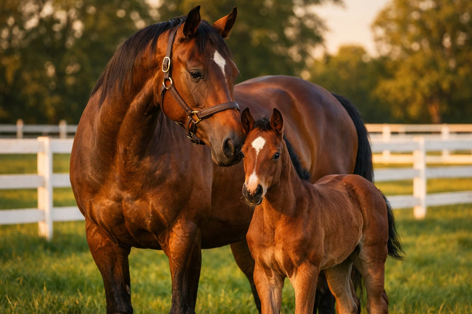 Thoroughbred mare and foal standing together in a green paddock