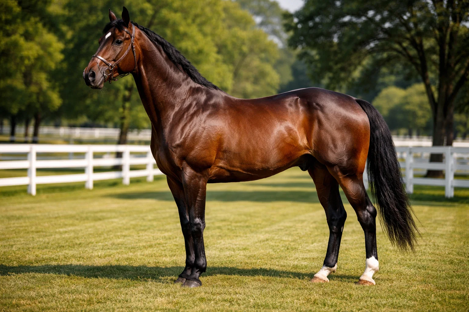 Majestic thoroughbred stallion standing in a breeding farm paddock