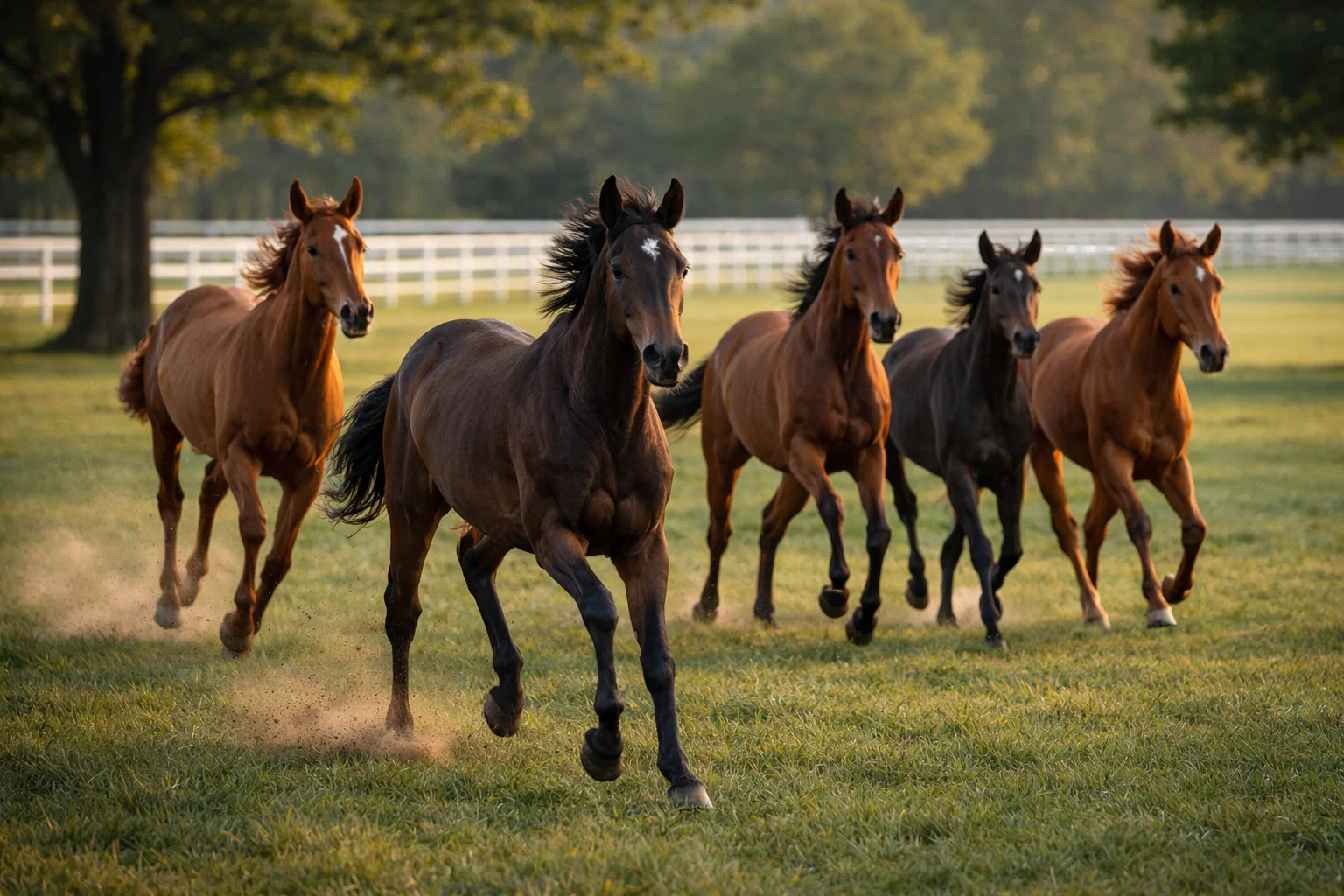 Group of thoroughbred yearlings running together in a pasture