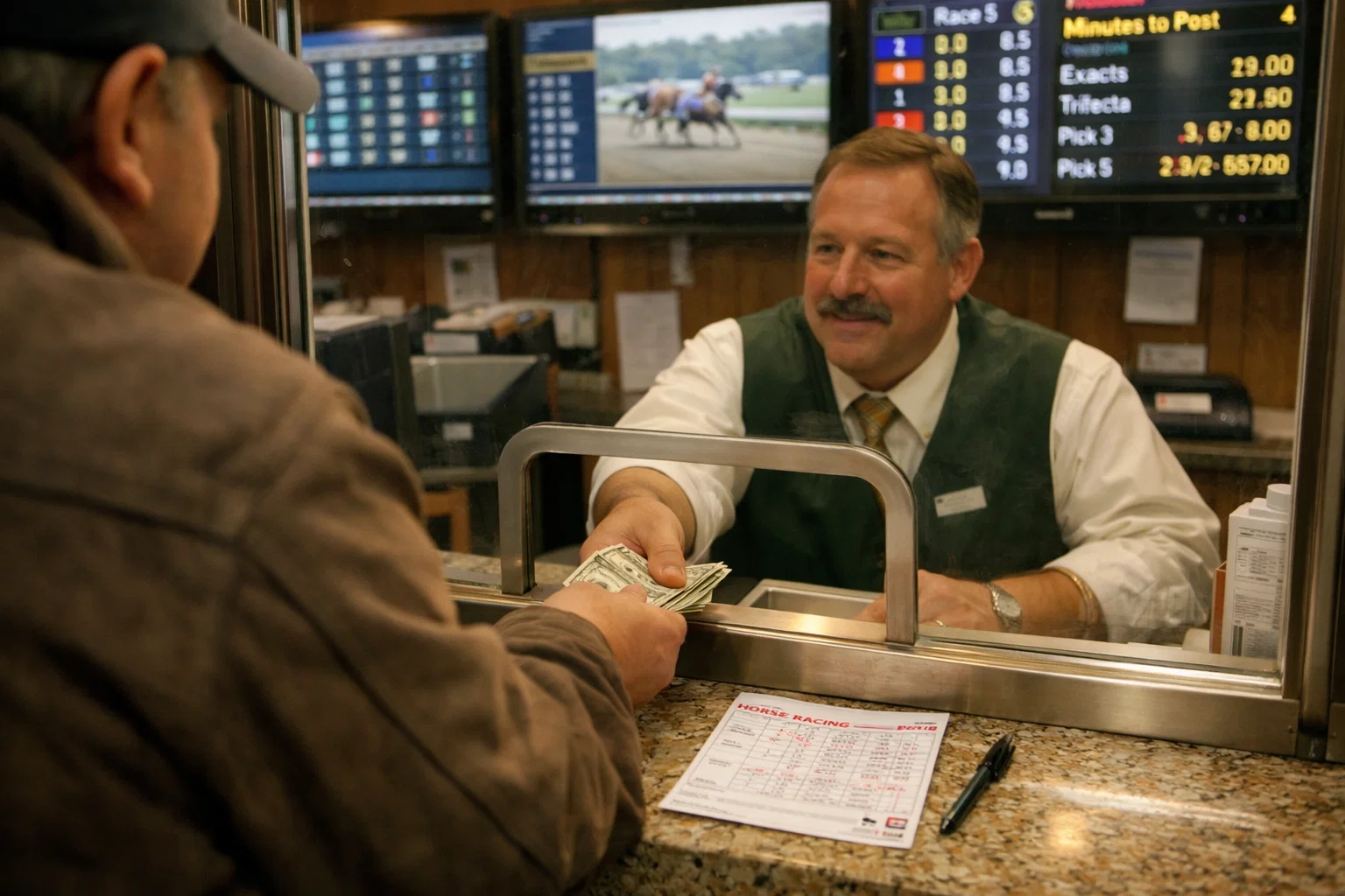 Bettor placing a wager at a racetrack betting window with screens showing race information