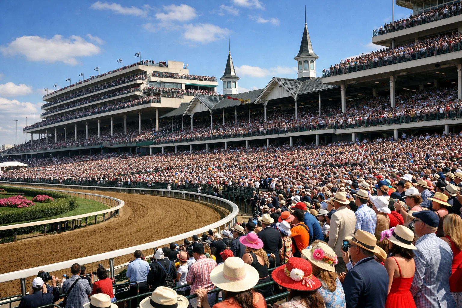 Crowded grandstand at a major horse racing track on a busy stakes race day