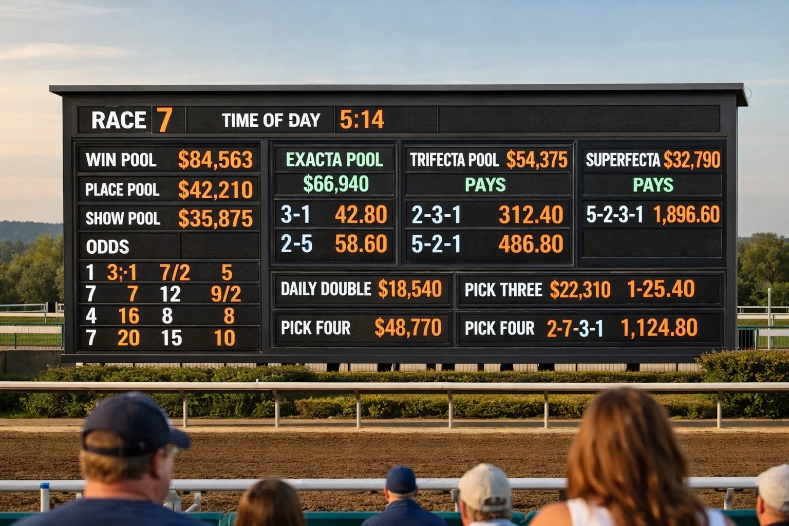 Electronic tote board displaying betting pool totals and odds at a horse racing track