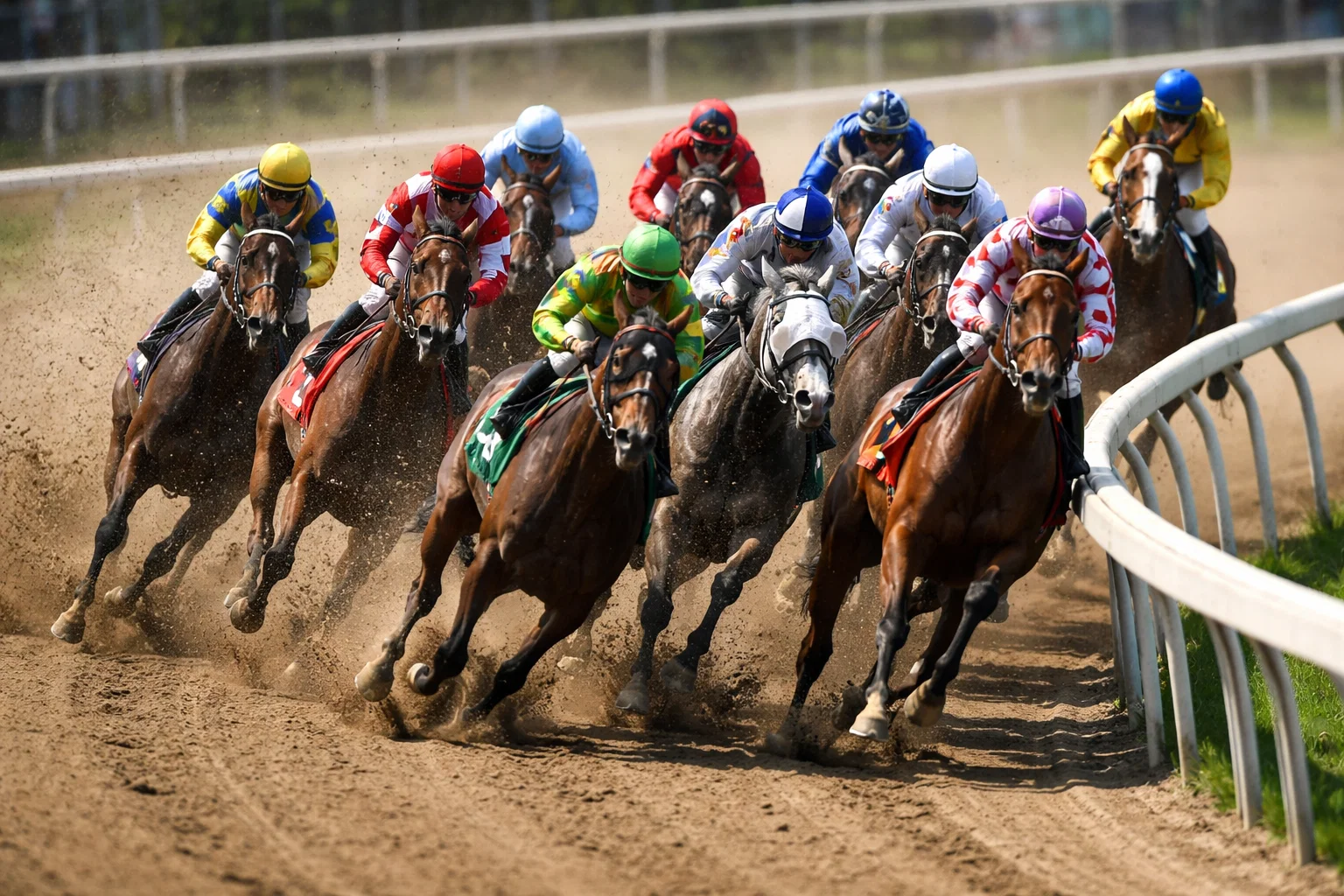 Horses bunching together entering the first turn after leaving the starting gate