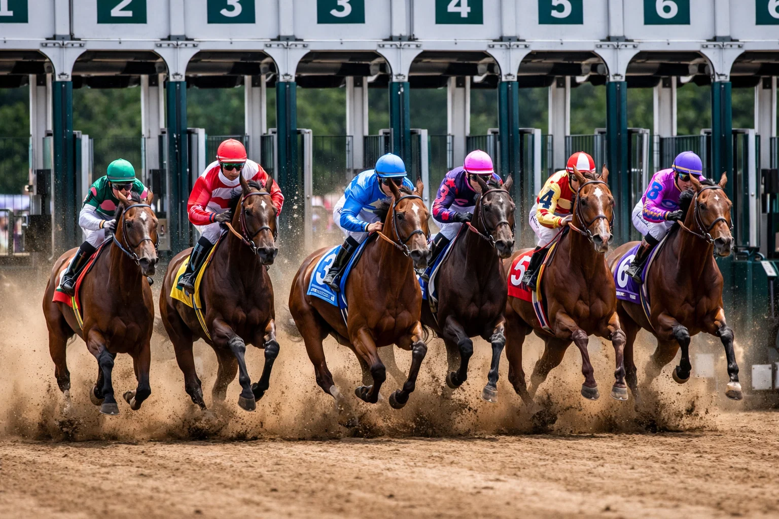 Horses breaking from the starting gate at the beginning of a race showing post positions