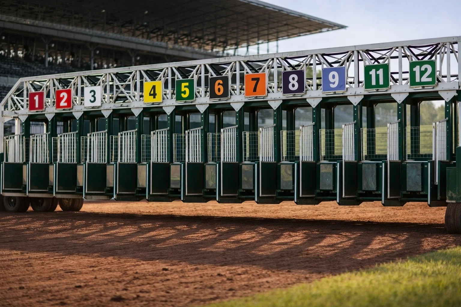 Starting gate at a horse racing track showing numbered stalls ready for horses to load