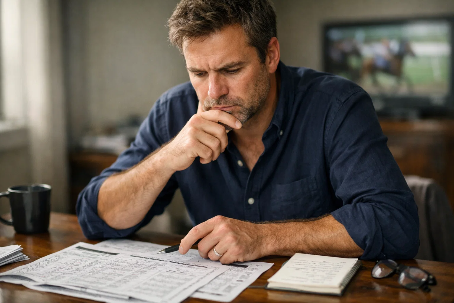 Thoughtful bettor studying racing information with focused concentration