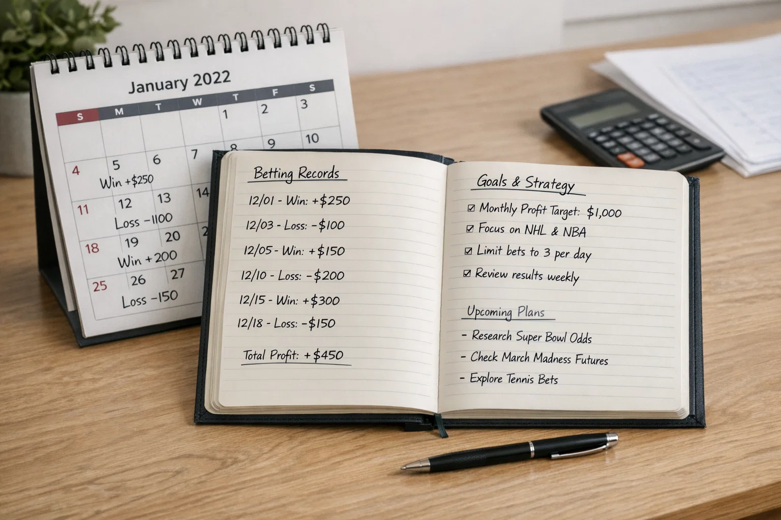 Calendar and notebook showing long-term betting records and planning