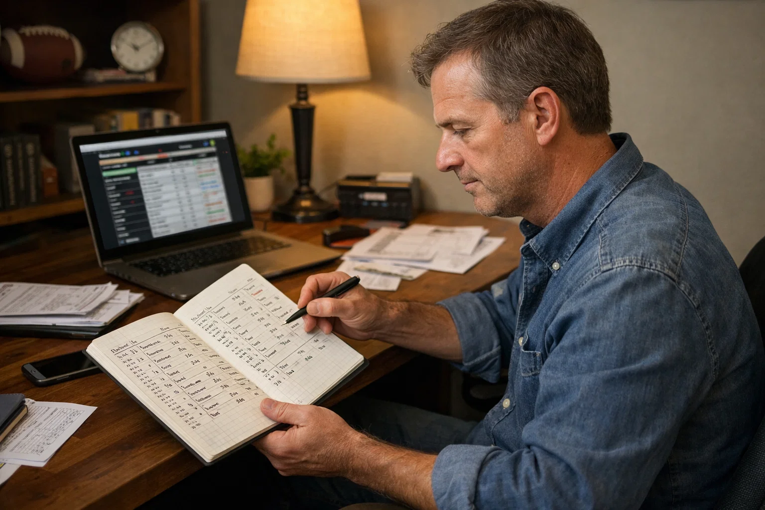 Person calmly reviewing betting records and results at a desk