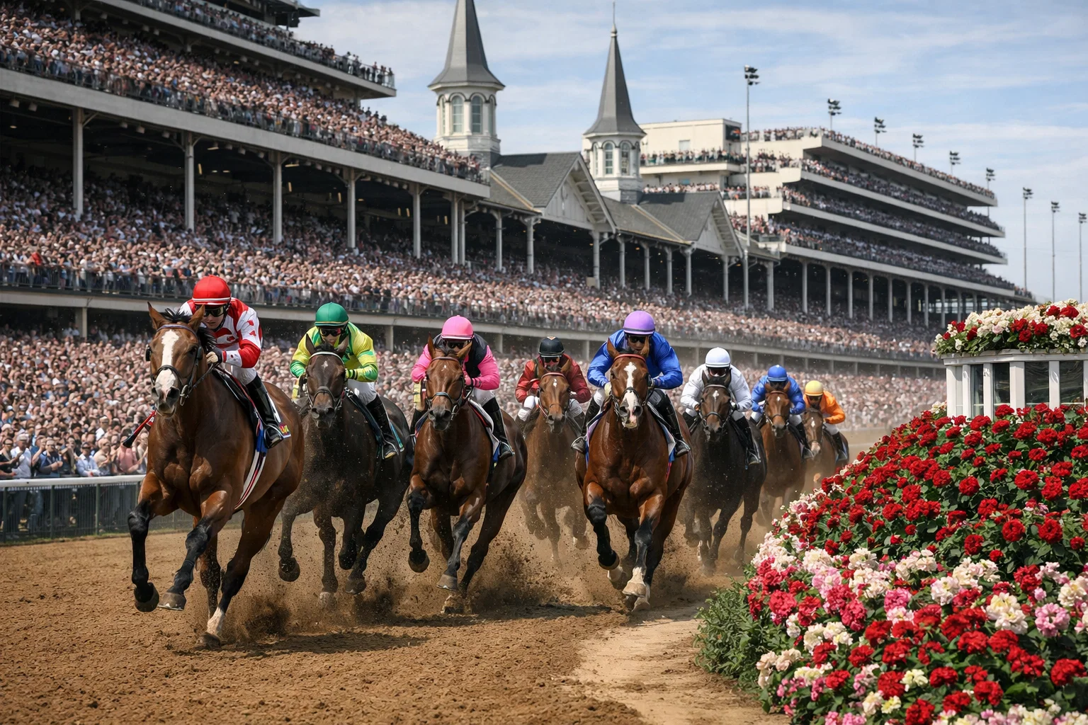 Large field of horses racing in a prestigious stakes race during spring racing season