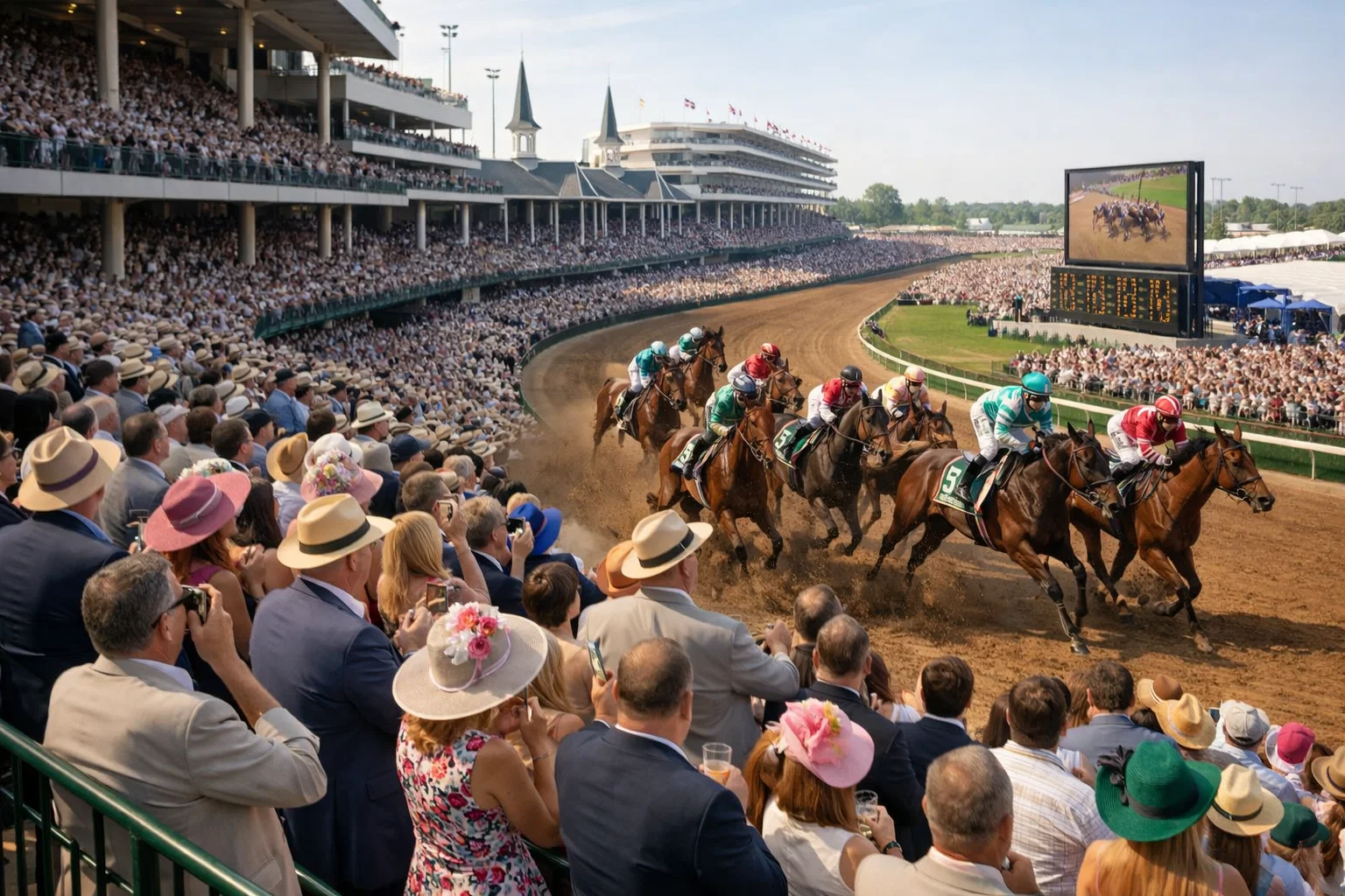 Packed grandstand at a major horse racing event during peak racing season