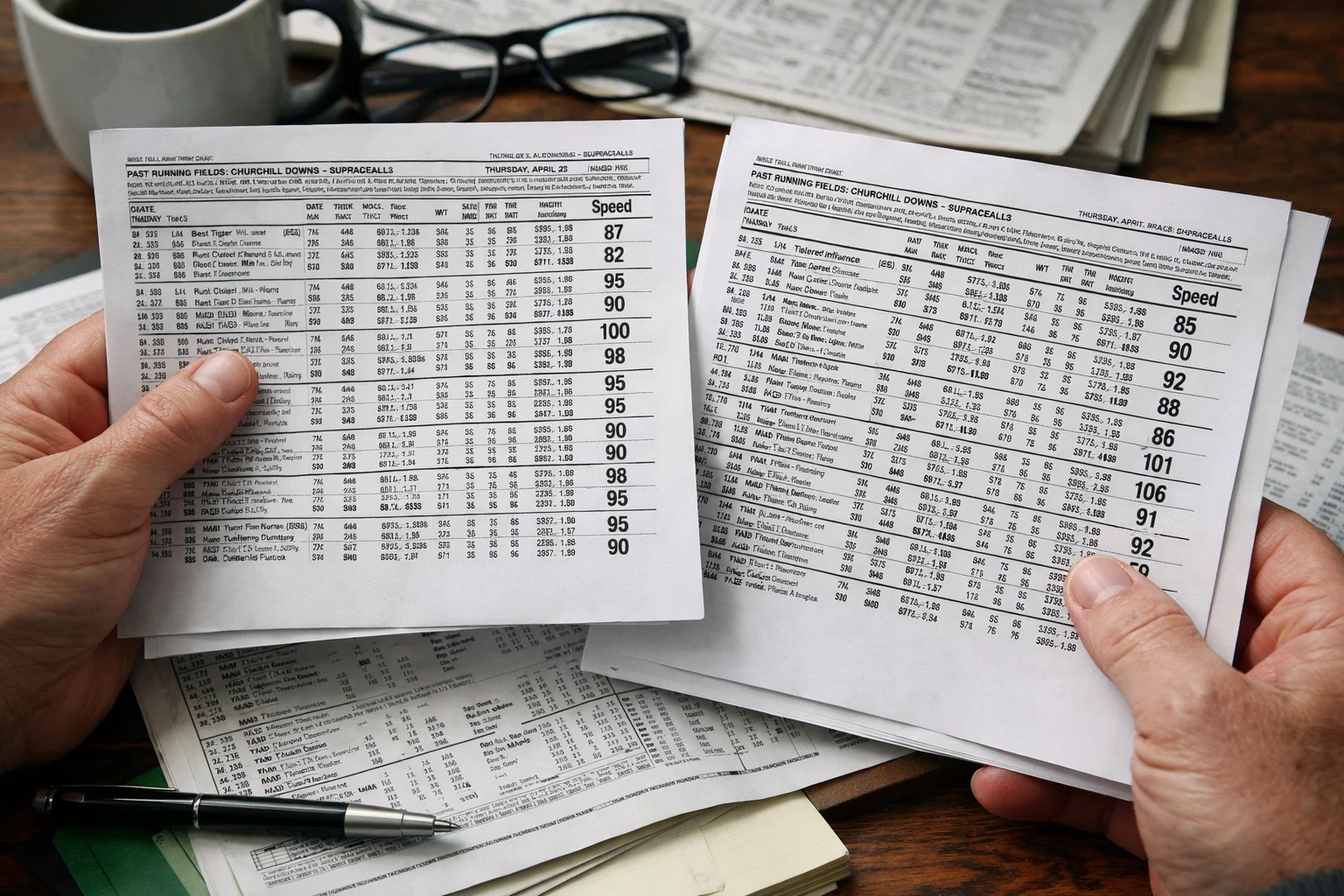 Handicapper comparing speed figures on multiple past performance sheets
