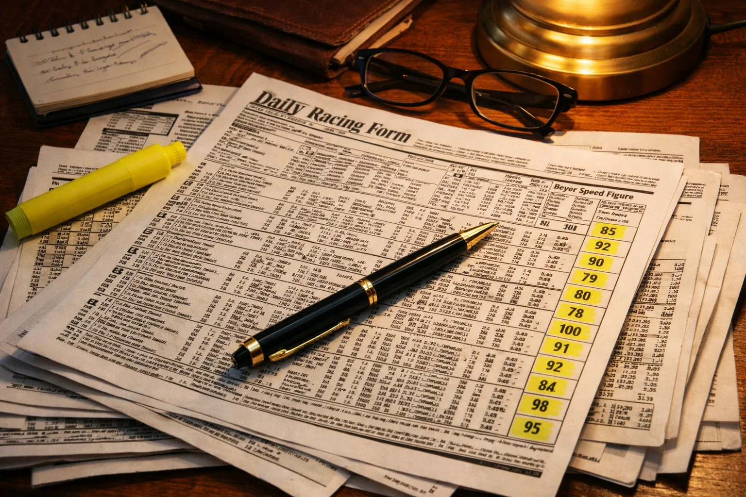 Horse racing past performance sheets with speed figures highlighted