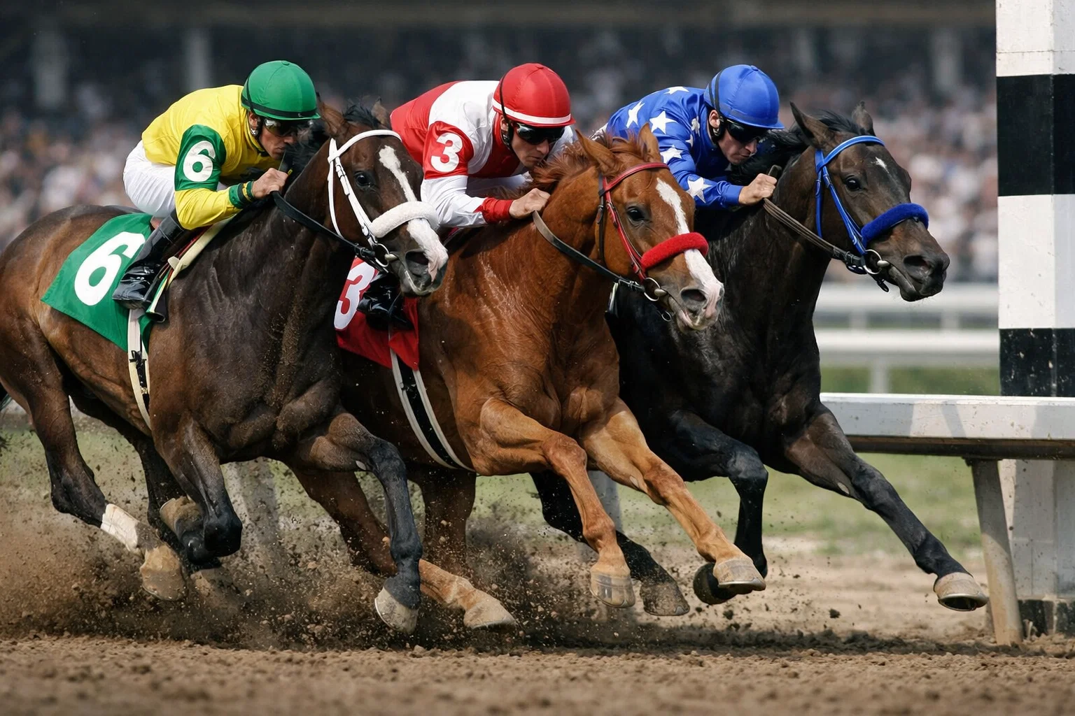 Three horses crossing the finish line in close order during a competitive race