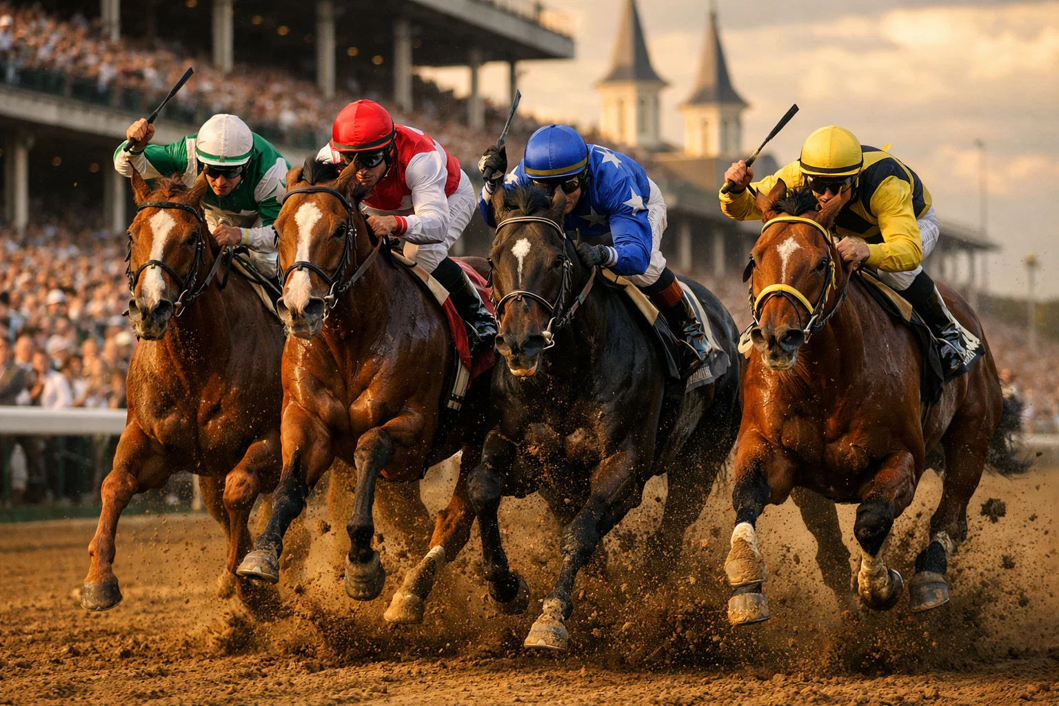 Four horses charging down the homestretch at a prestigious horse racing track