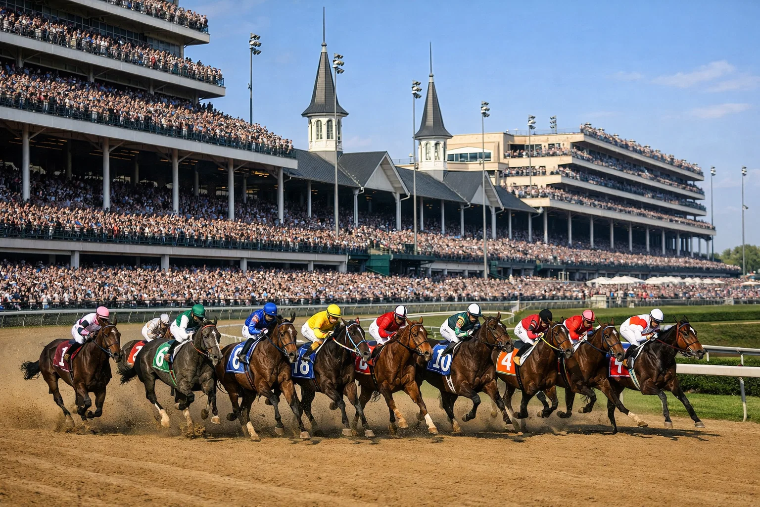 Large field of horses racing on the dirt track at Churchill Downs with packed grandstands