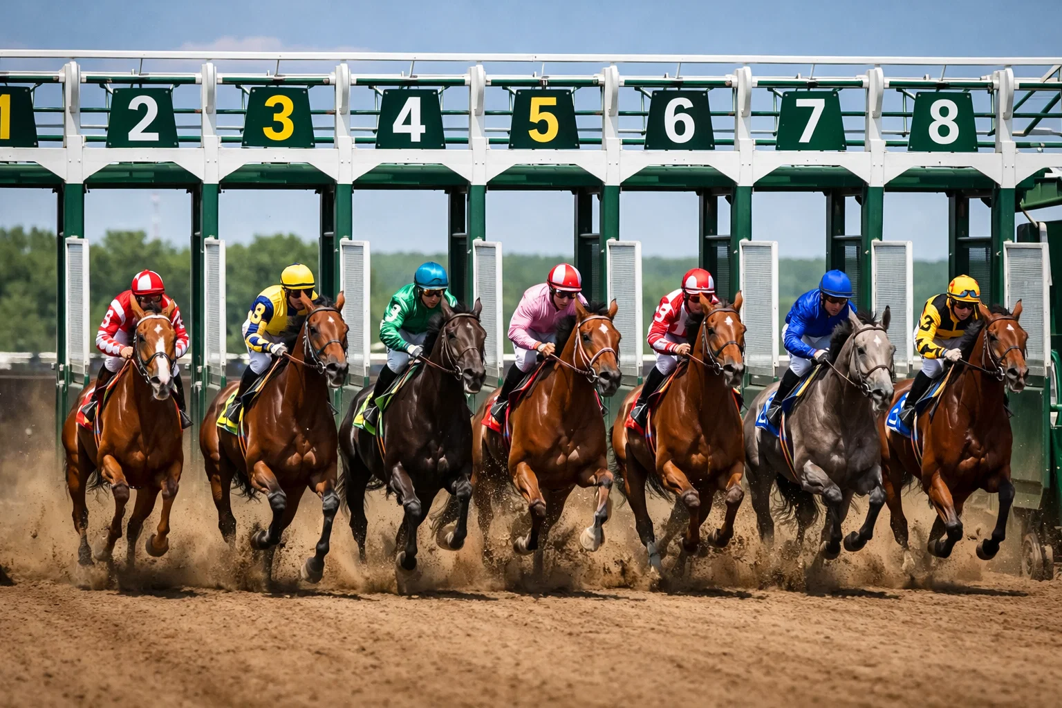 Horses breaking from the starting gate at the beginning of a race