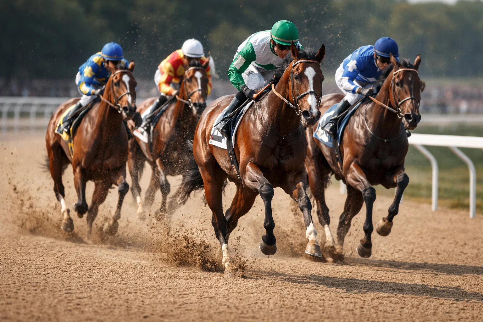 Horses racing on an all-weather synthetic track surface