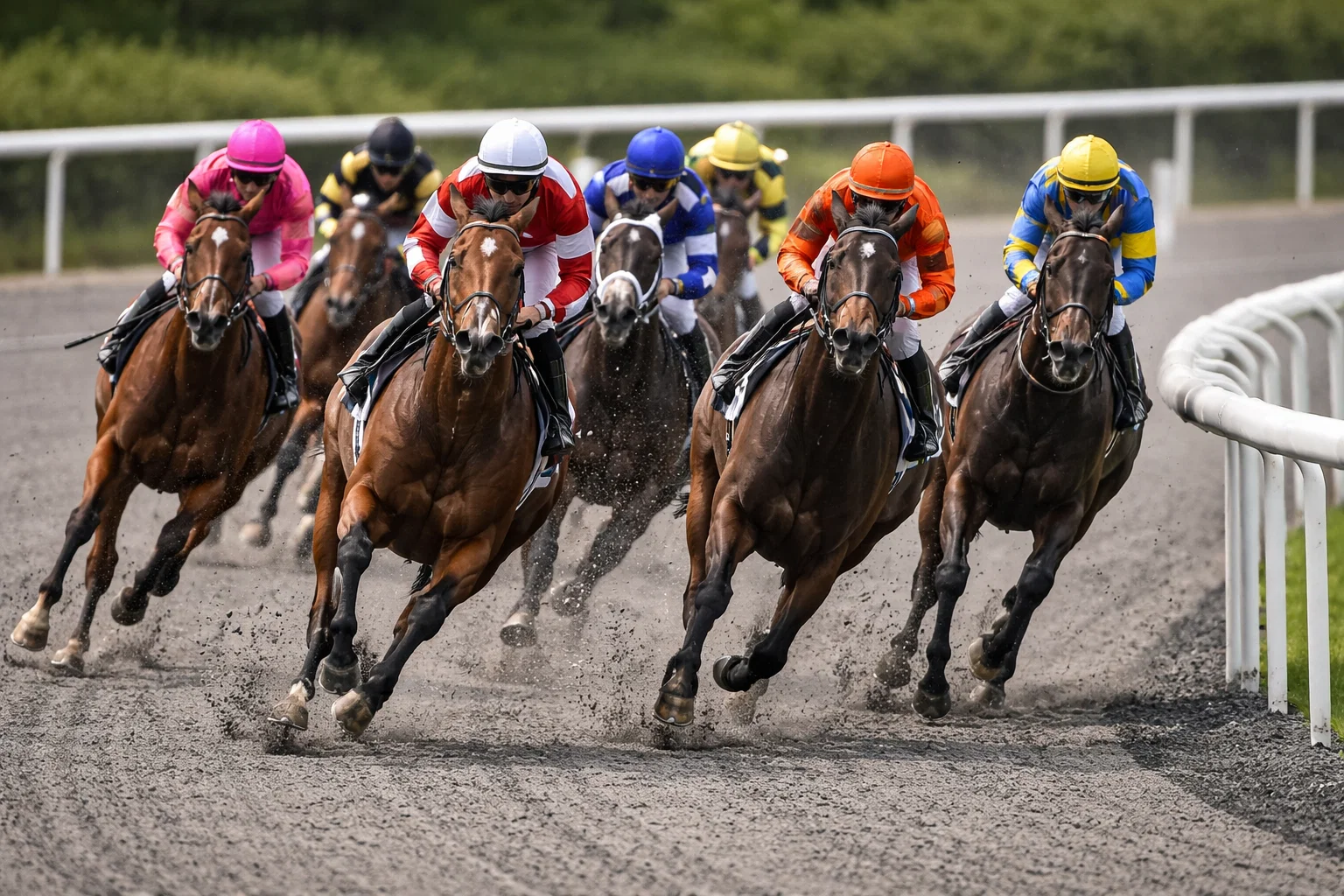Field of horses racing around the turn on a synthetic all-weather track