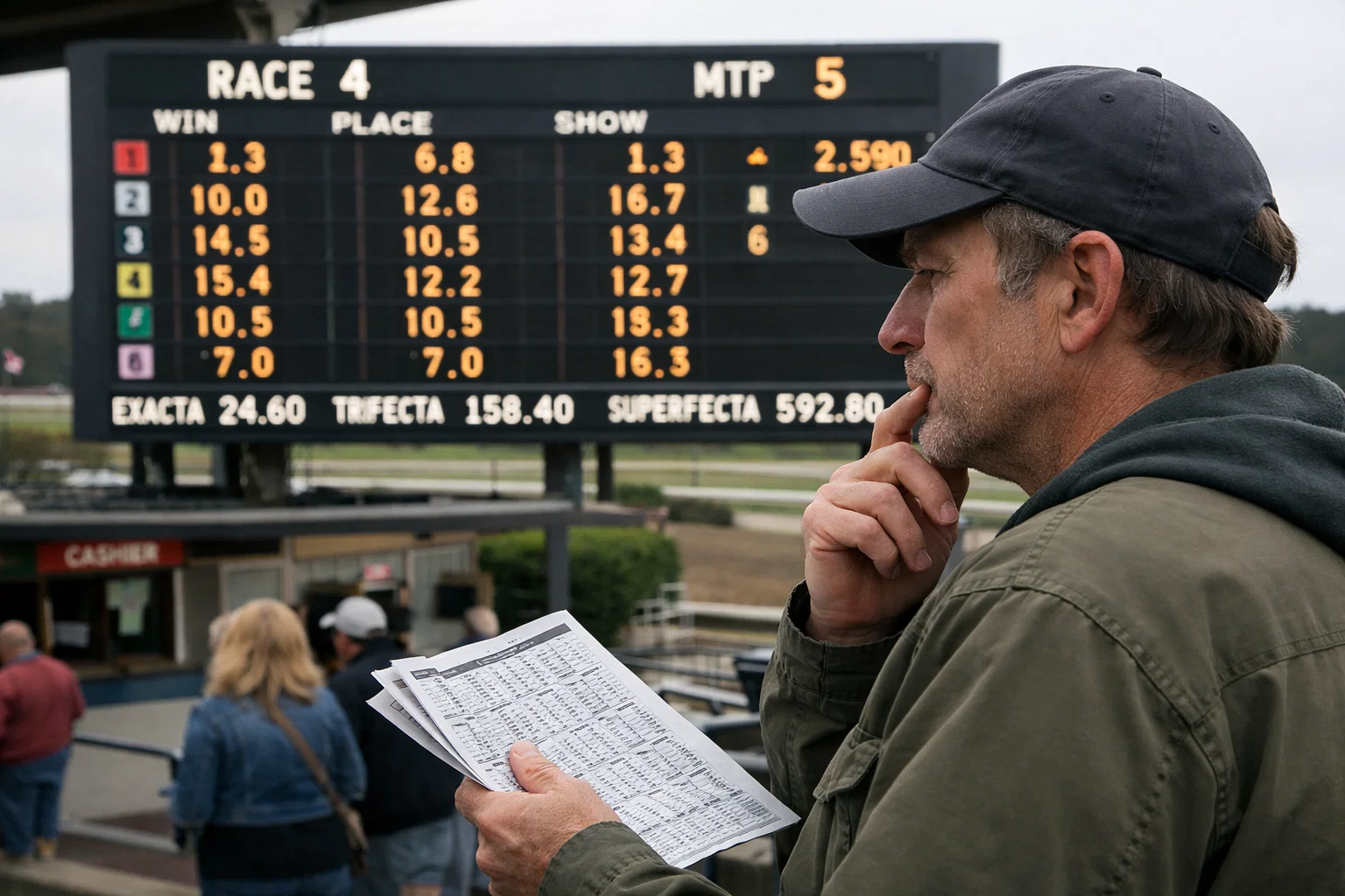 Bettor studying the tote board before placing a wager at a racetrack
