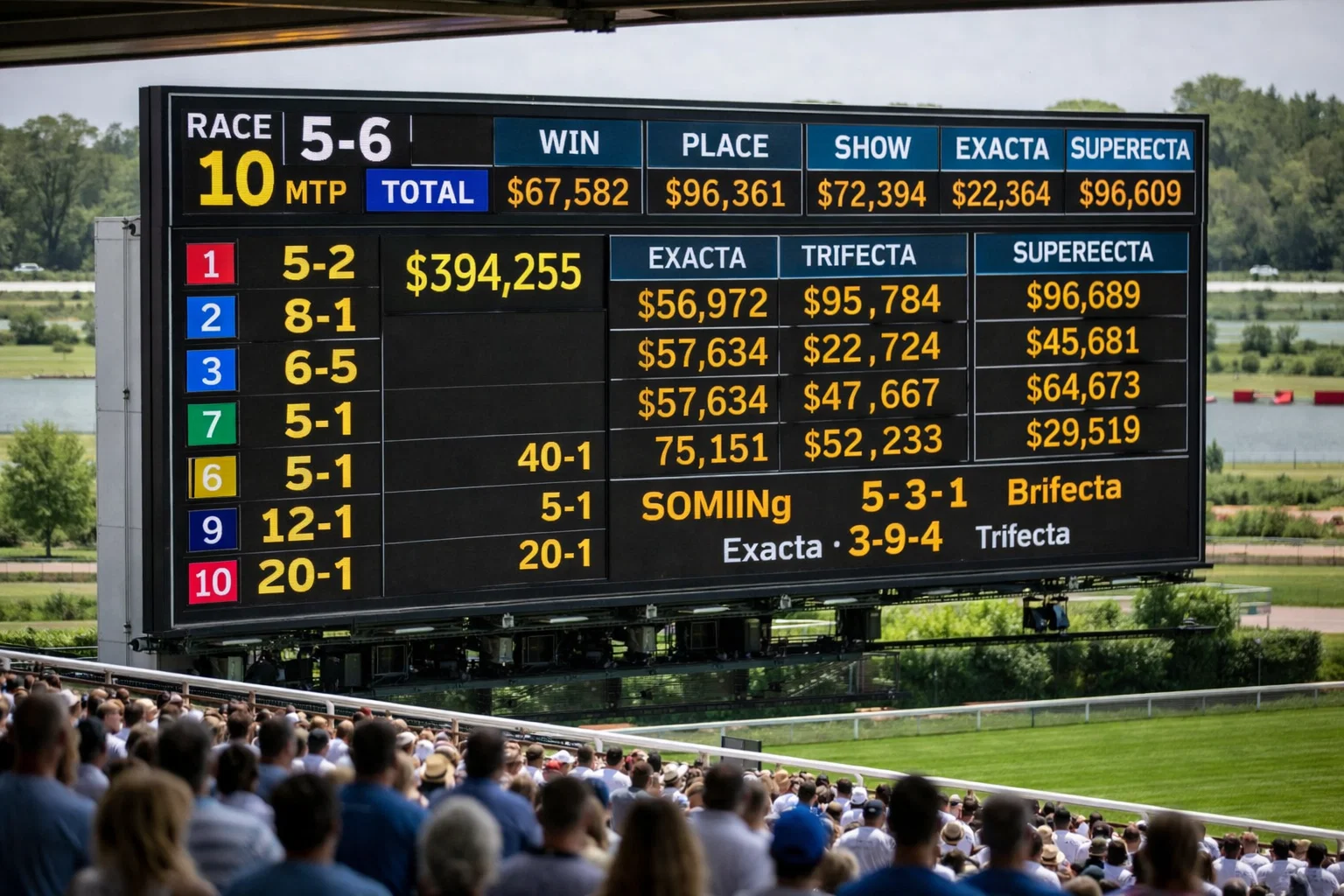 Electronic tote board at a racetrack displaying live odds and betting information