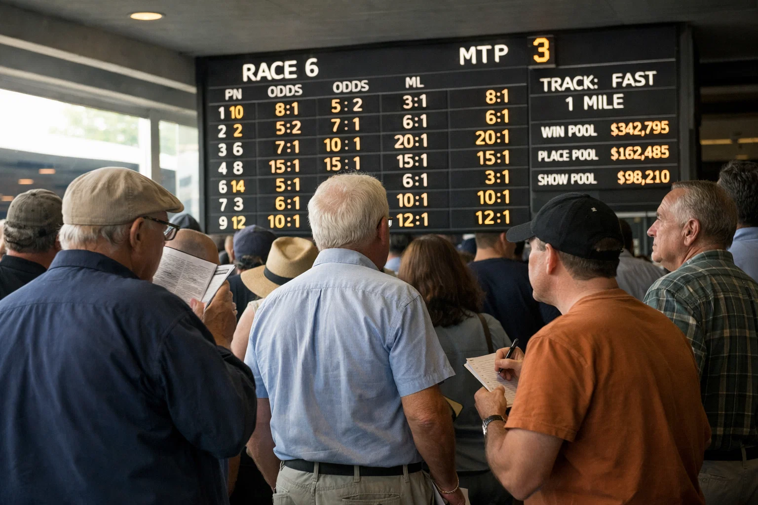 Bettors watching the tote board as odds change before a race