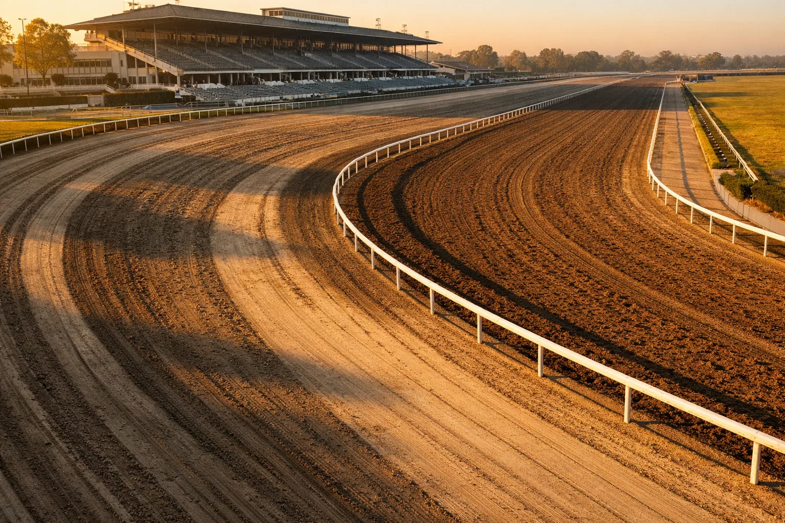 Aerial view of a horse racing dirt track showing the curved surface and rail positions