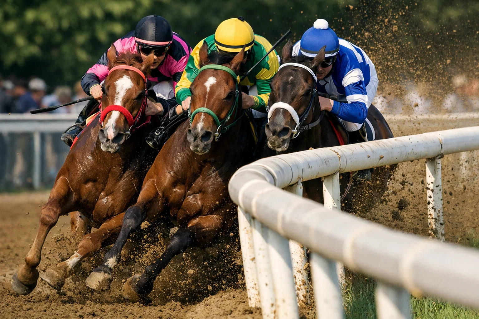 Horses racing along the inside rail of a dirt track during a competitive race