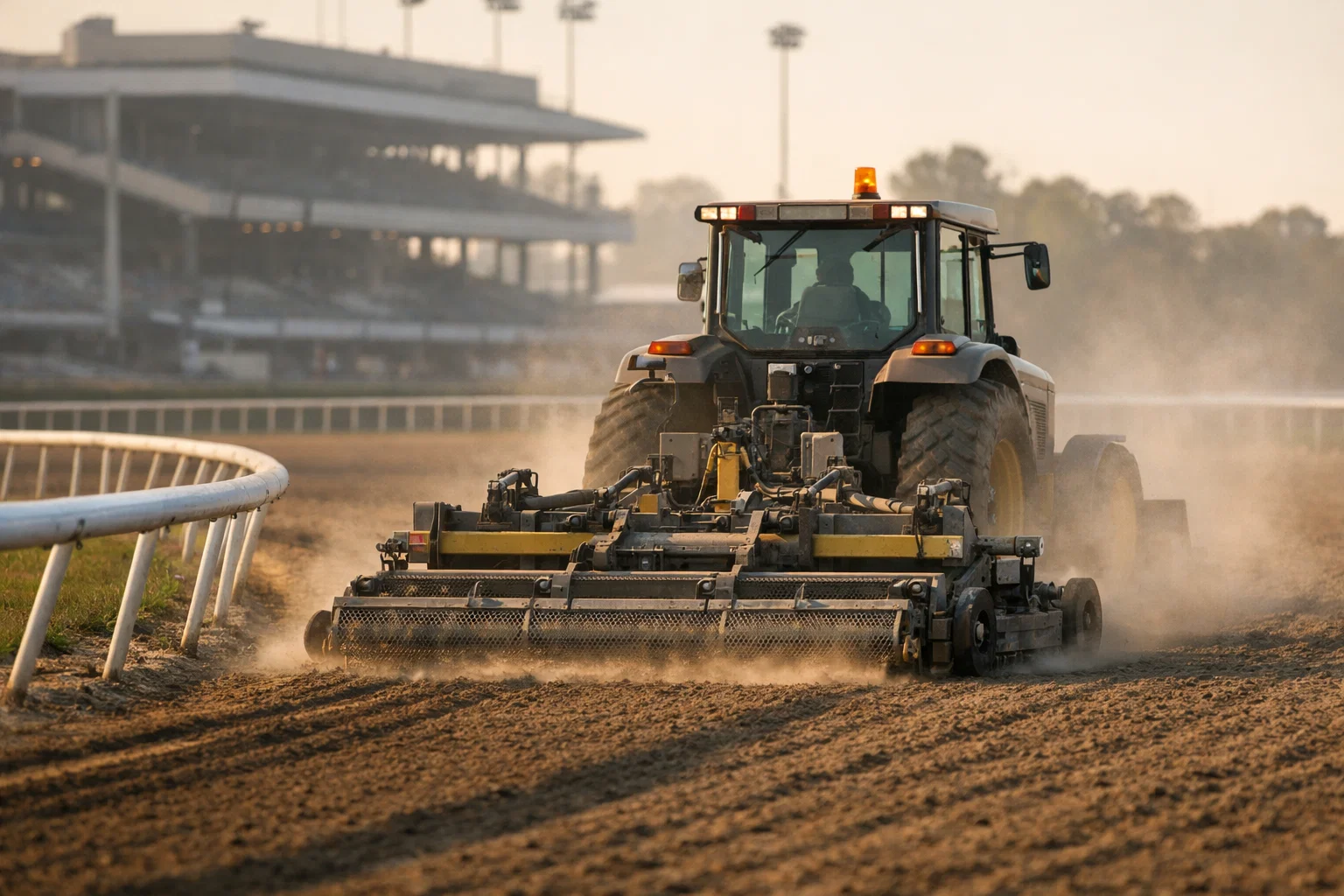 Track maintenance vehicle grooming a horse racing dirt surface in early morning