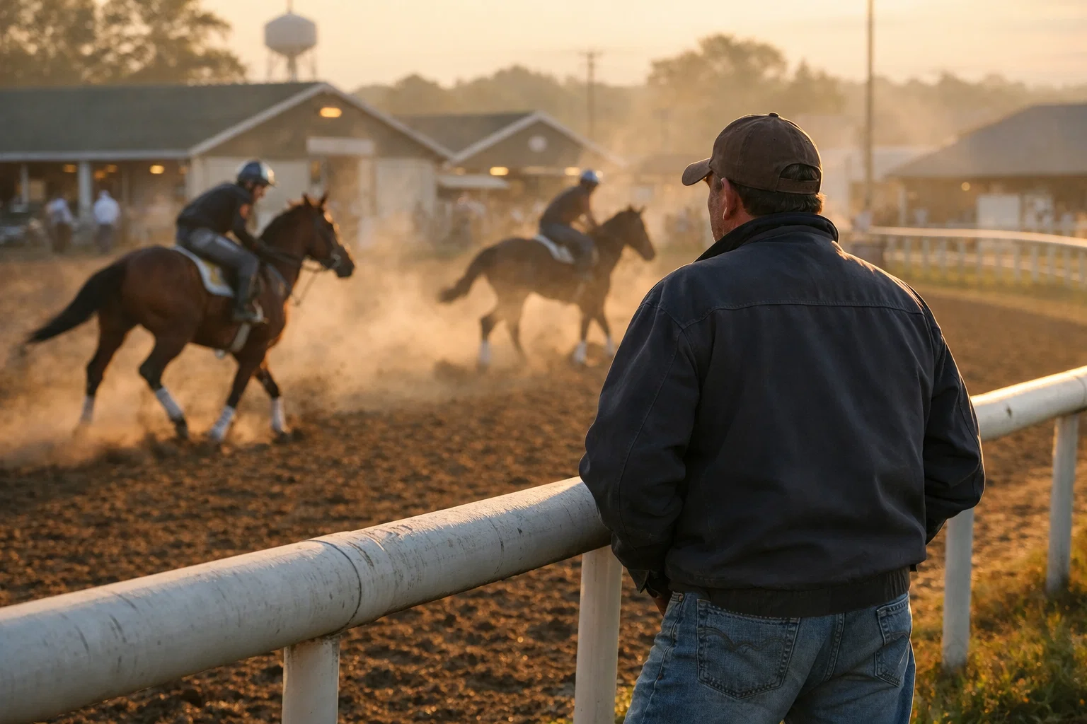Trainer observing horses during morning workout at a racetrack training barn