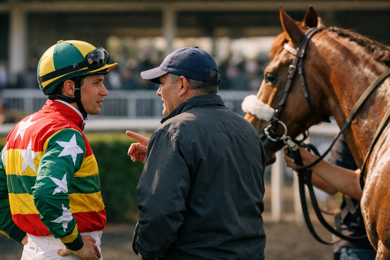 Jockey in colorful silks conferring with trainer in the paddock before a race