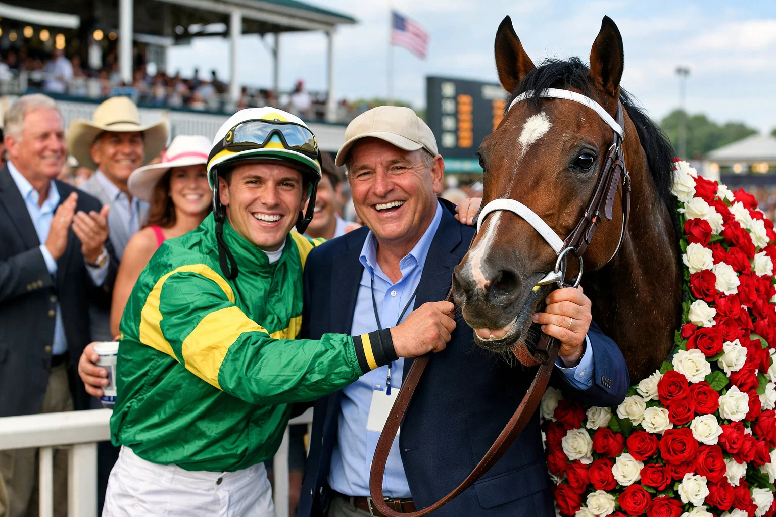 Jockey and trainer celebrating with horse in the winners circle after a race