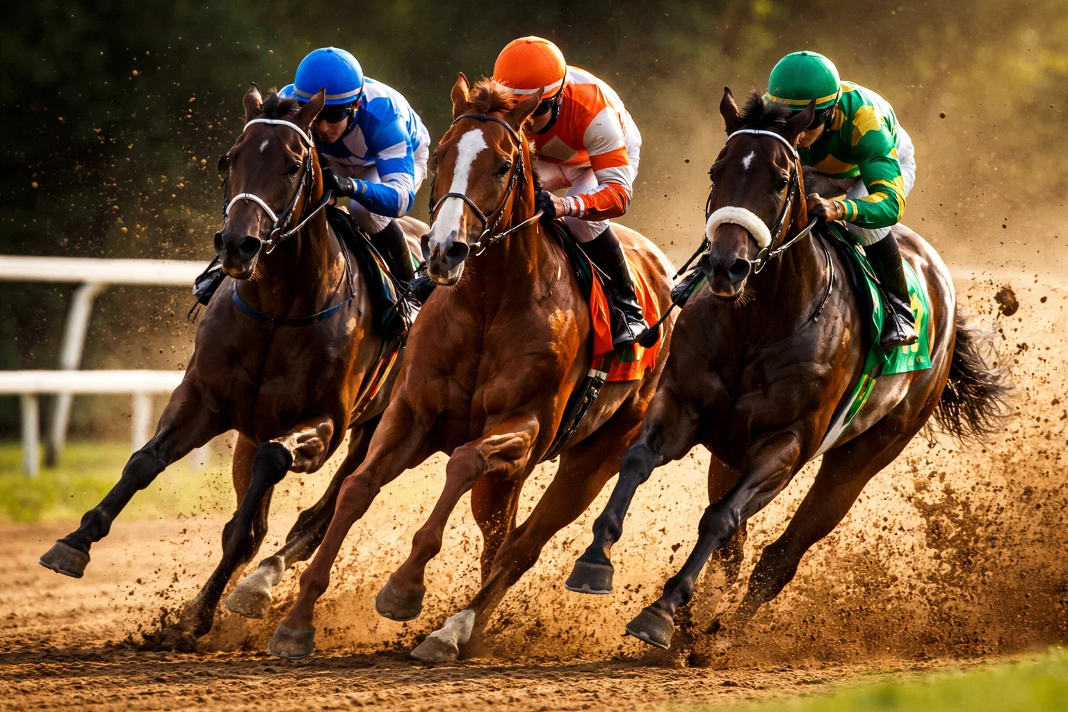 Three horses racing in close formation around a turn at a dirt racetrack