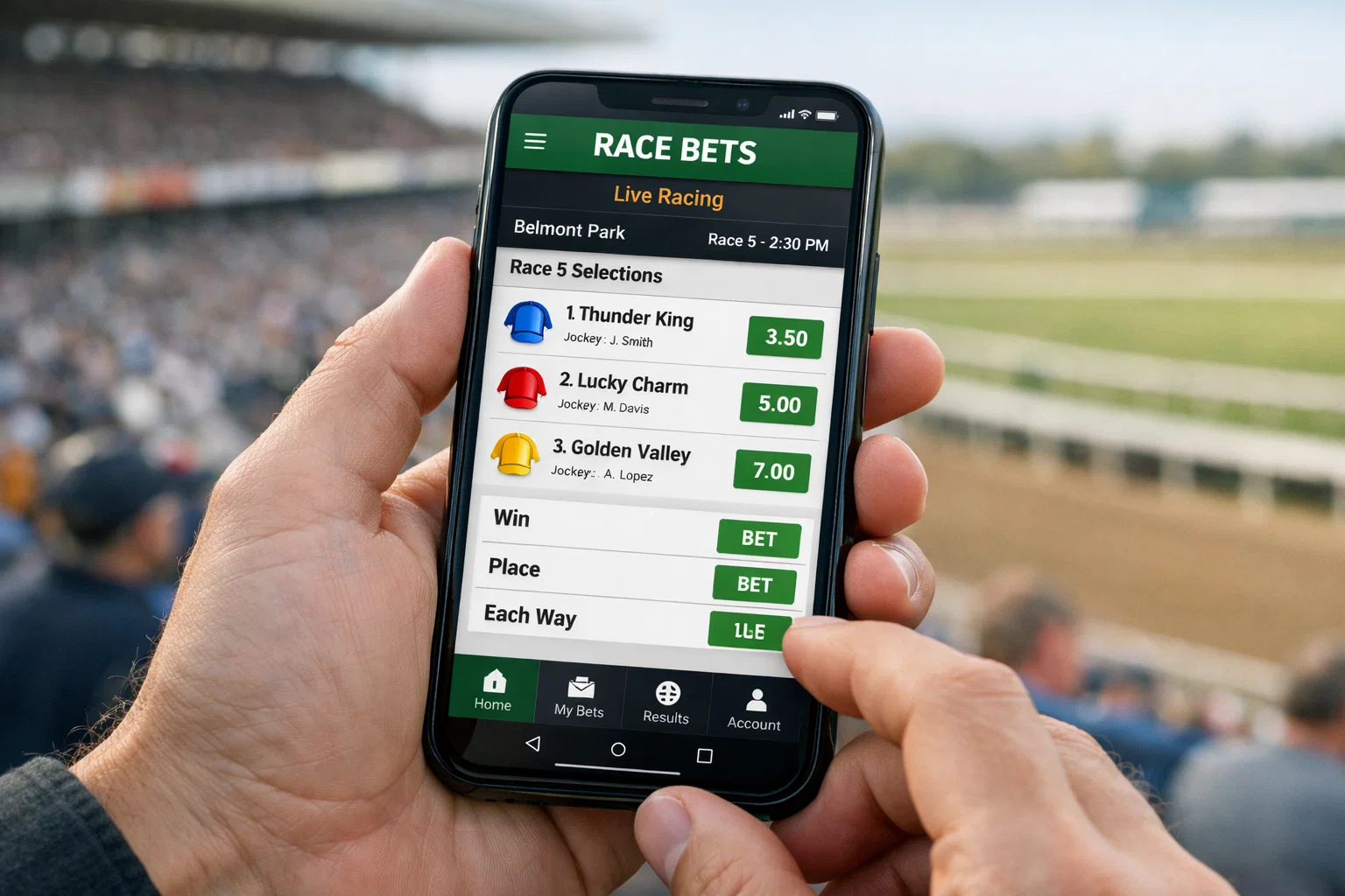Person holding smartphone displaying a horse racing betting app interface