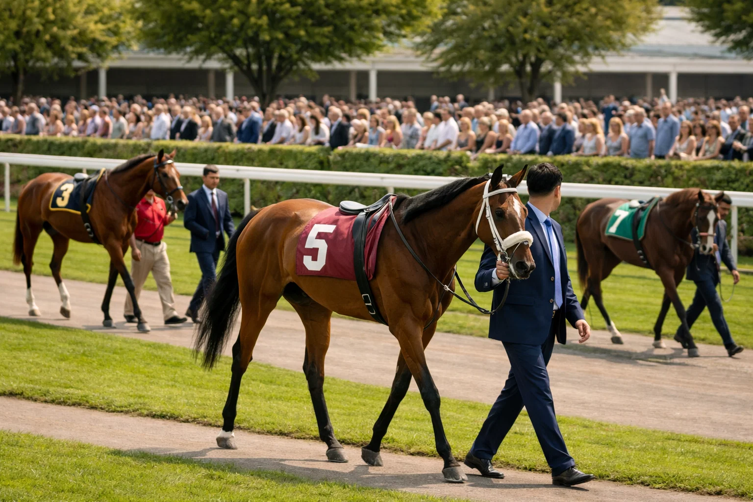 Horses being walked by handlers in the paddock area before a race