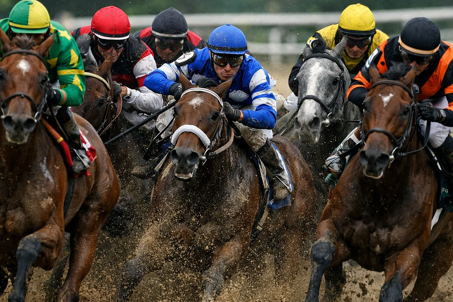 Horse racing action showing horses navigating traffic during a race