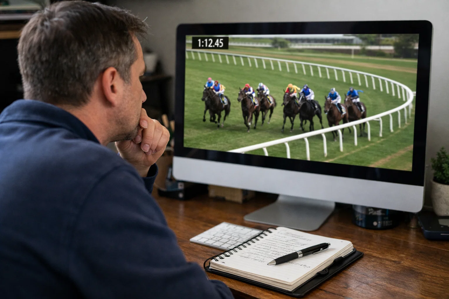 Person watching horse racing replay on computer screen taking notes