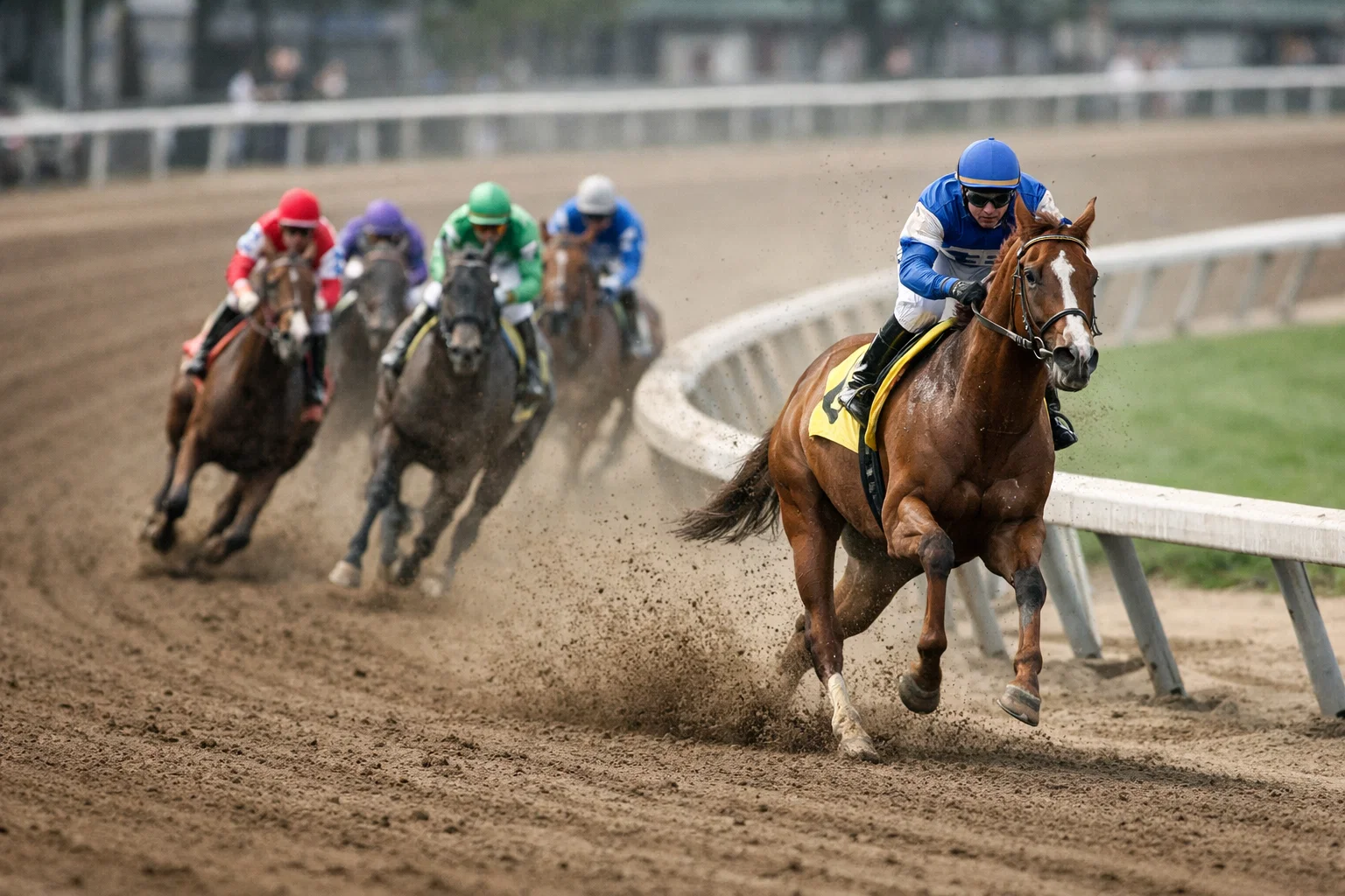 Horse racing wide around the turn losing ground to horses along the rail