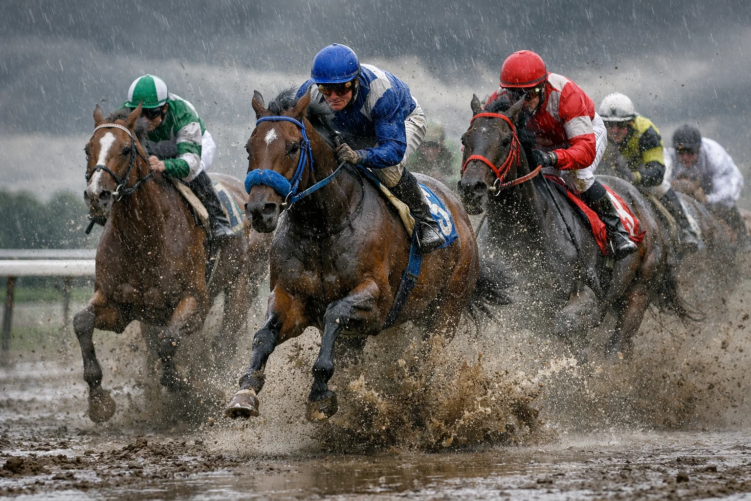 Horse racing on a wet muddy track with rain falling during a race