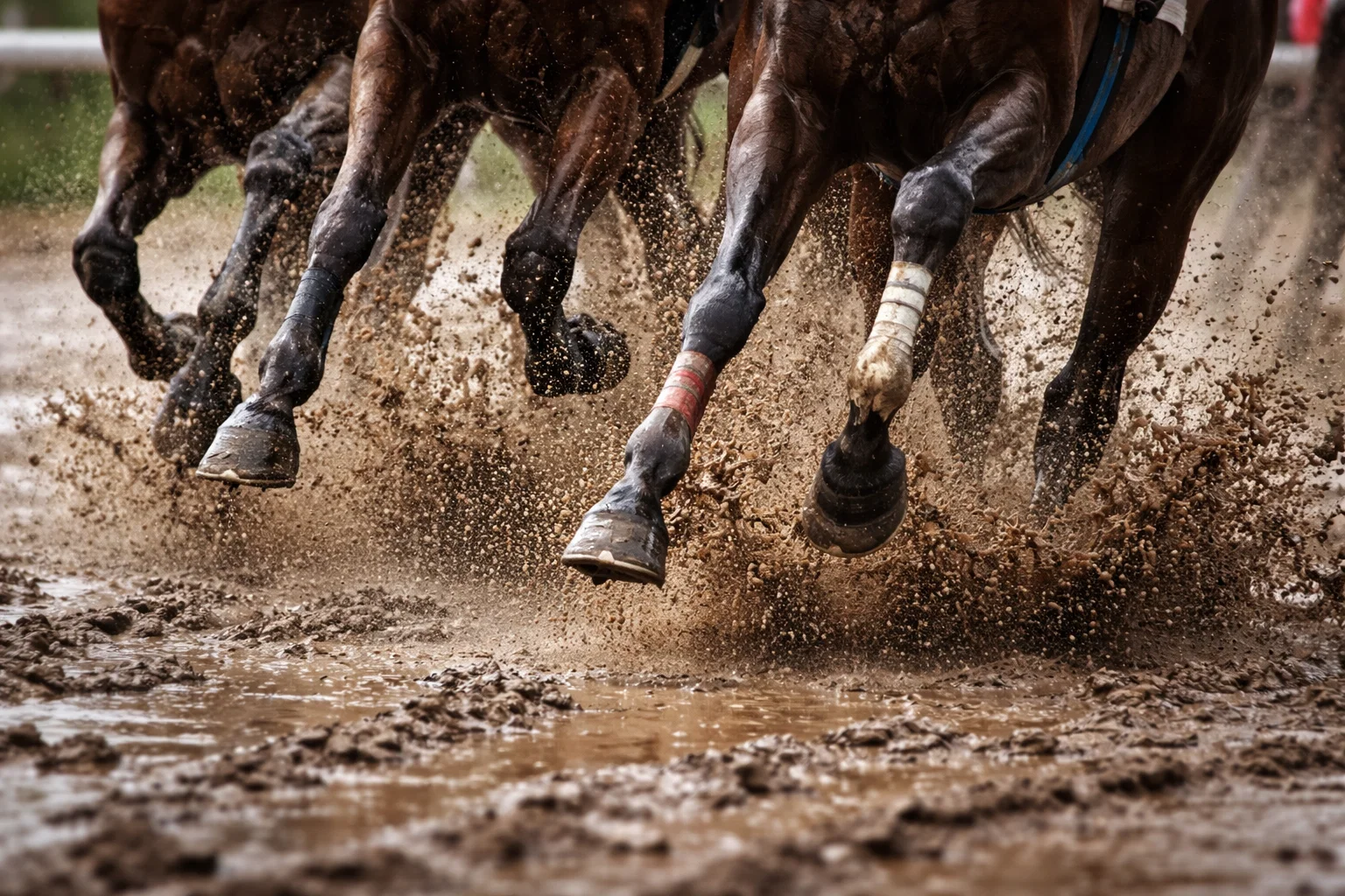 Close-up of horse hooves splashing through water on a sloppy racetrack surface