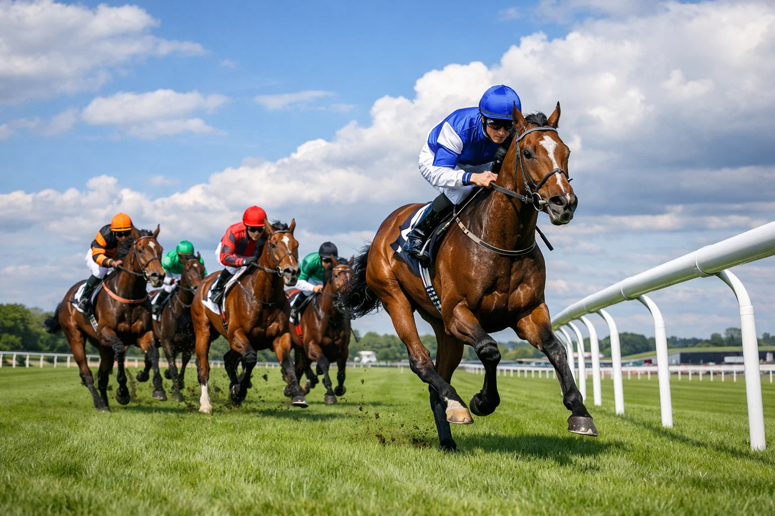 Horses racing on a lush green turf course under partly cloudy skies