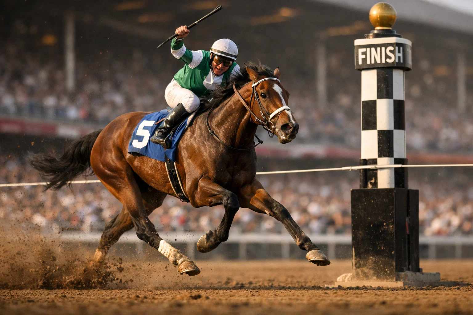 Horse and jockey crossing the finish line first at a dirt racetrack