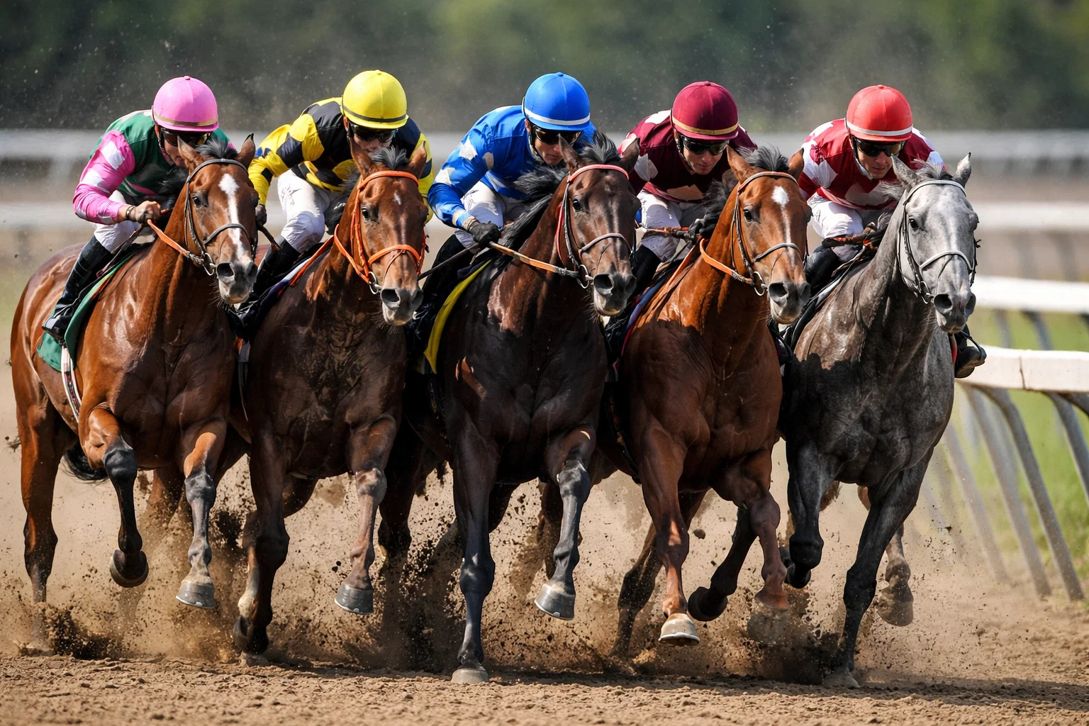 Group of horses racing together on a dirt track with jockeys competing for position