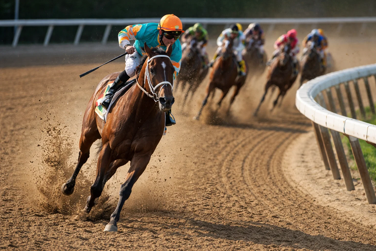 Lone front-running horse leading the pack around the turn at a horse racing track