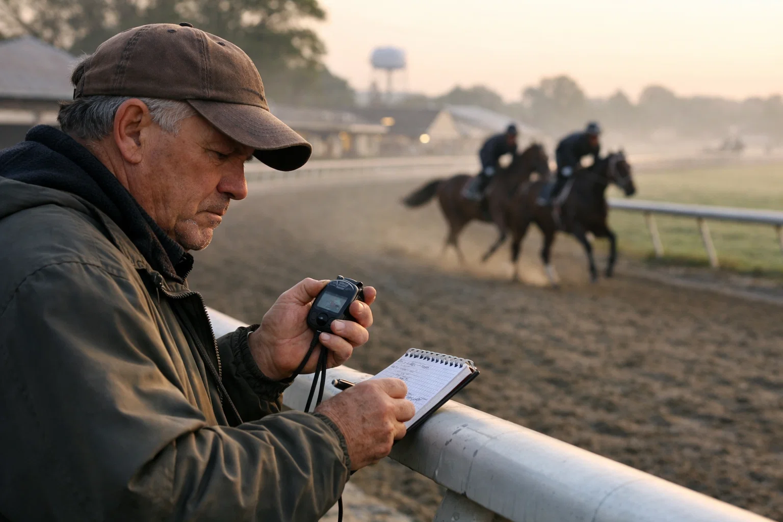 Clocker with stopwatch timing horses during morning workouts at a racetrack
